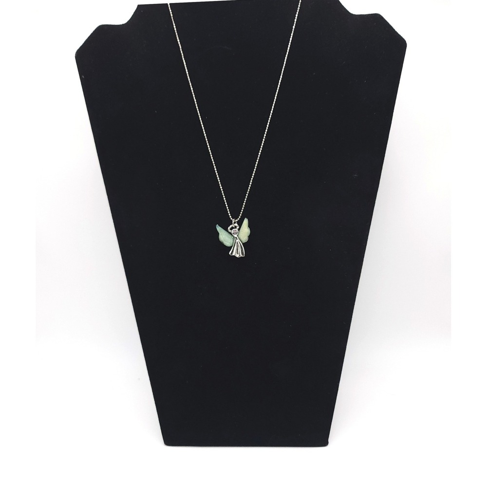 Silver Tone Guardian Angel Pendant Necklace Light Green Glitter Lucite 16-19"